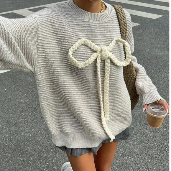 Apricot Casual Women's Oversized Bow Sweater Long Sleeve Plush Sweater - Picture 4 of 5